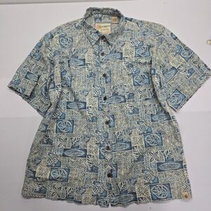 RuffHewn Mens Blue Linen Blend Tribal Geometric Aloha Hawaiian Shirt Large